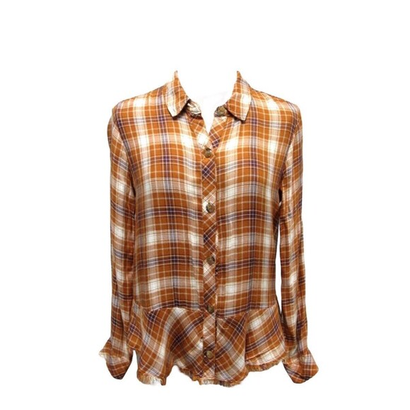 Democracy Top Womens Small Orange Tan Plaid Flannel Raw Hem Button Up Boho - Picture 1 of 7